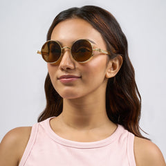 Rhombus Vintage Steampunk Sunglasses With A Gold Frame And Tan Lenses