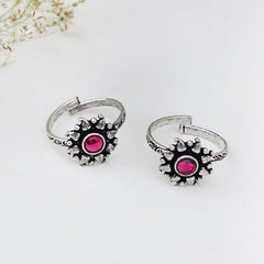 Teejh Miraya Pink Stone Silver Oxidised Toe Rings