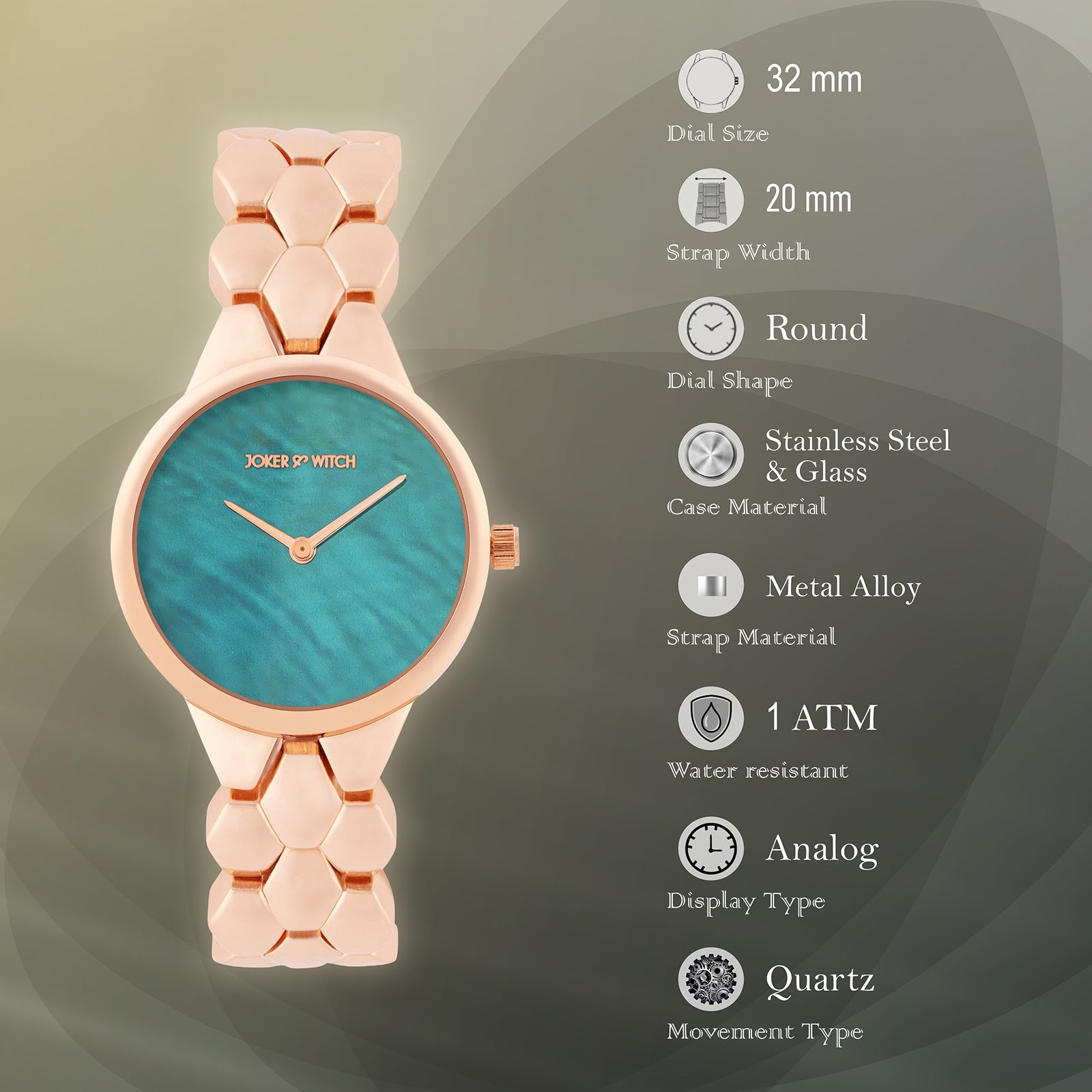 Athens Turquoise Dial Rose Gold Metallic Strap Watch