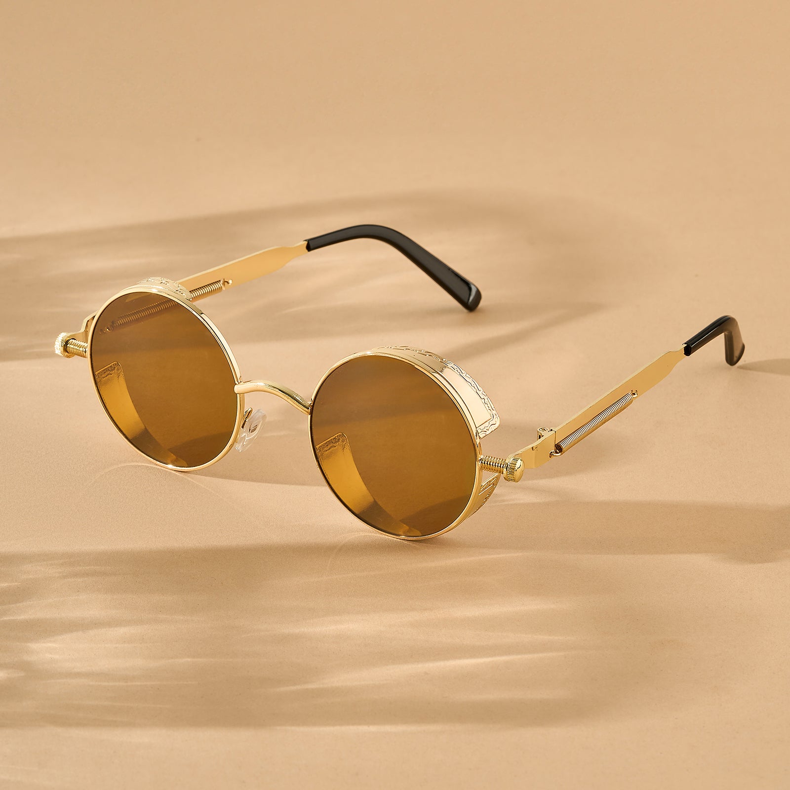 Rhombus Vintage Steampunk Sunglasses With A Gold Frame And Tan Lenses