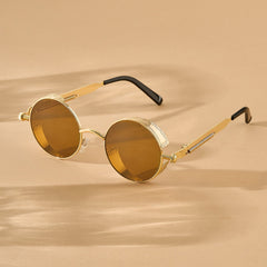 Rhombus Vintage Steampunk Sunglasses With A Gold Frame And Tan Lenses
