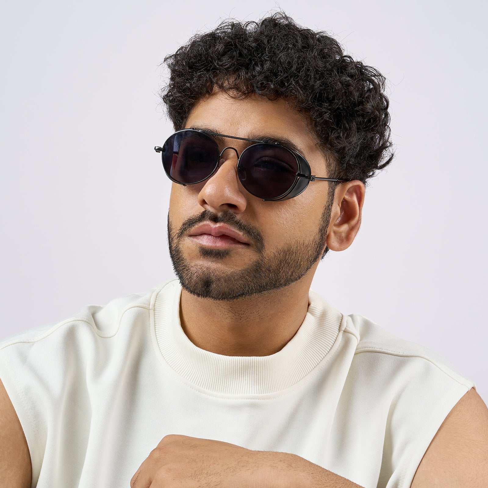 Viz Side Shield Steampunk Black Sunglasses With Round Frame And Black-Grey Lenses