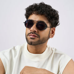 Viz Side Shield Steampunk Black Sunglasses With Round Frame And Black-Grey Lenses