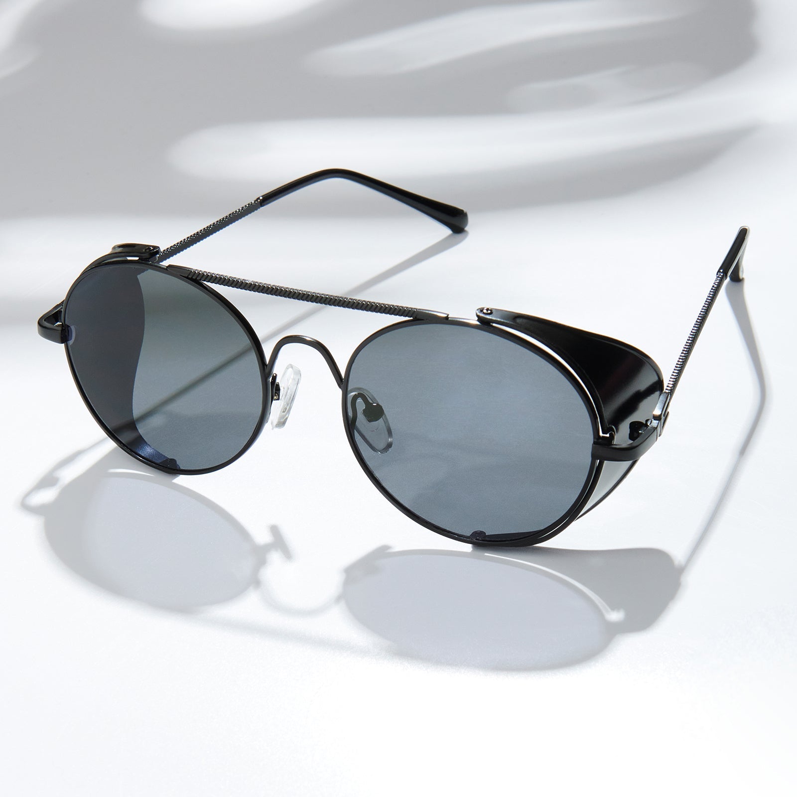 Viz Side Shield Steampunk Black Sunglasses With Round Frame And Black-Grey Lenses