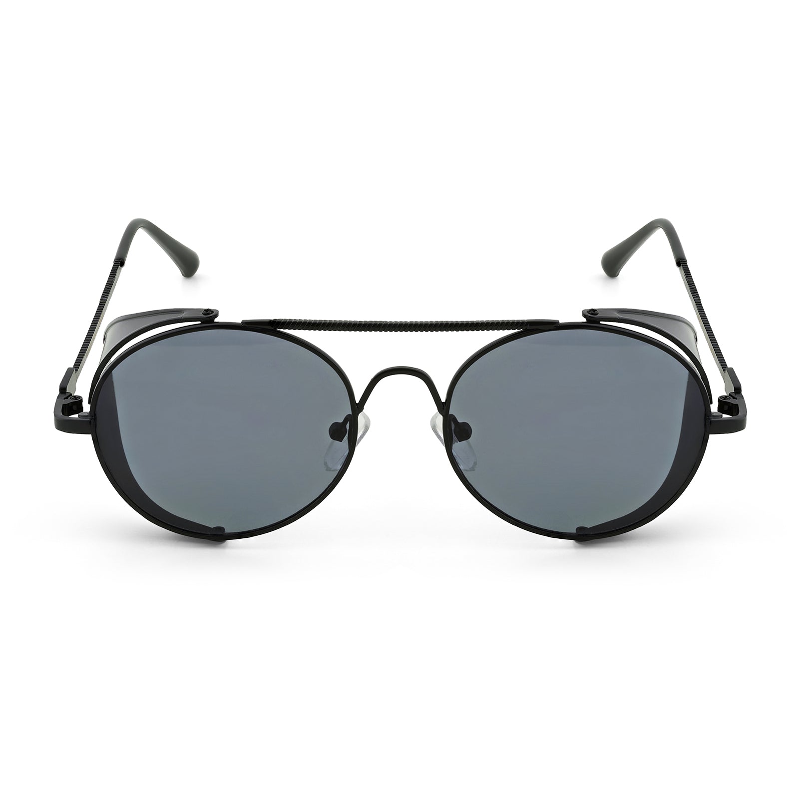 Viz Side Shield Steampunk Black Sunglasses With Round Frame And Black-Grey Lenses