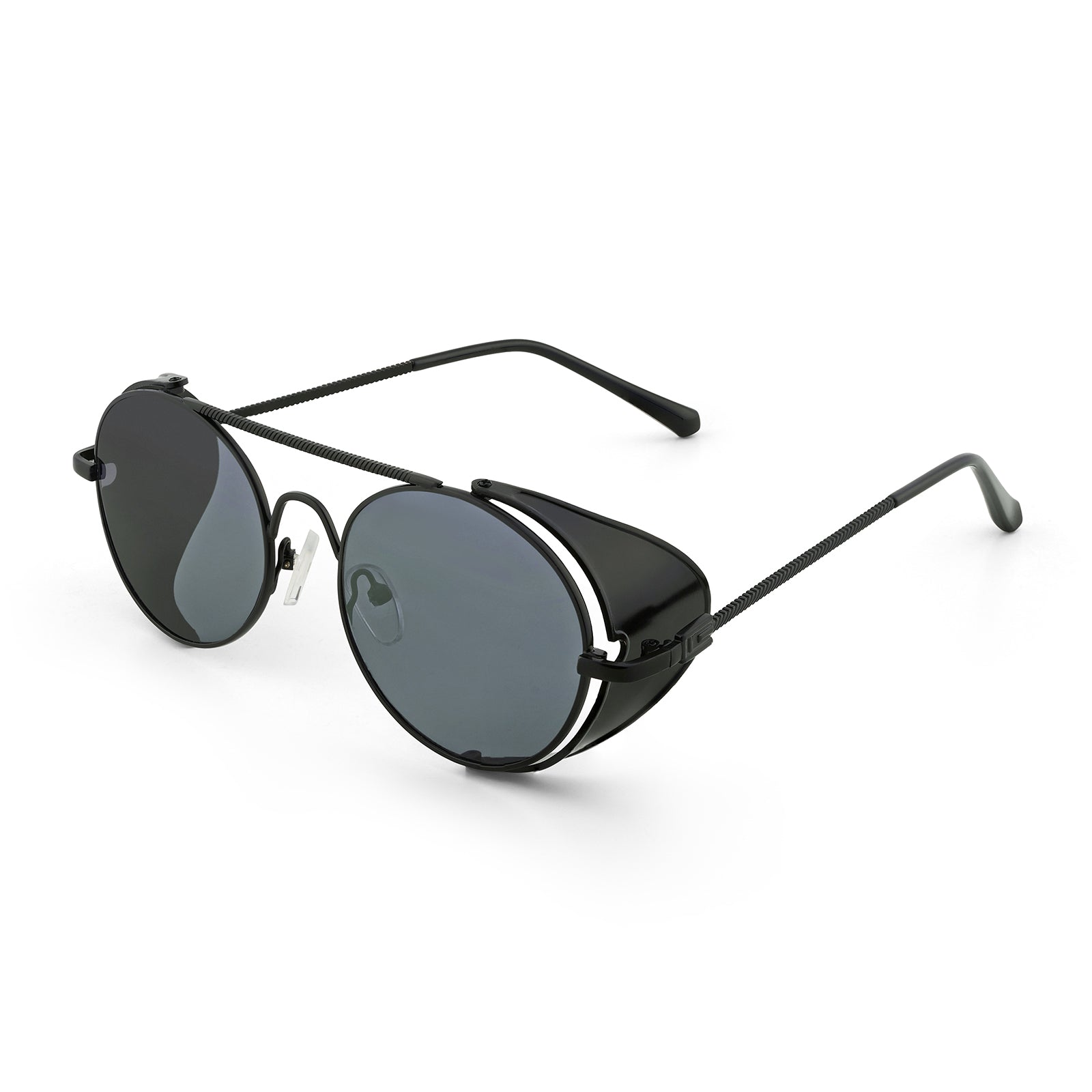 Viz Side Shield Steampunk Black Sunglasses With Round Frame And Black-Grey Lenses
