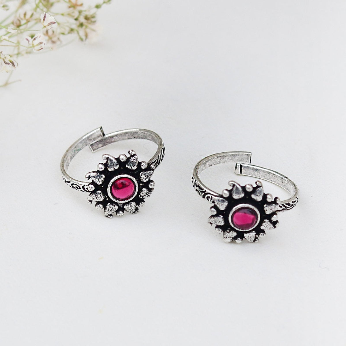 Teejh Miraya Pink  Stone Silver Oxidised Toe Rings