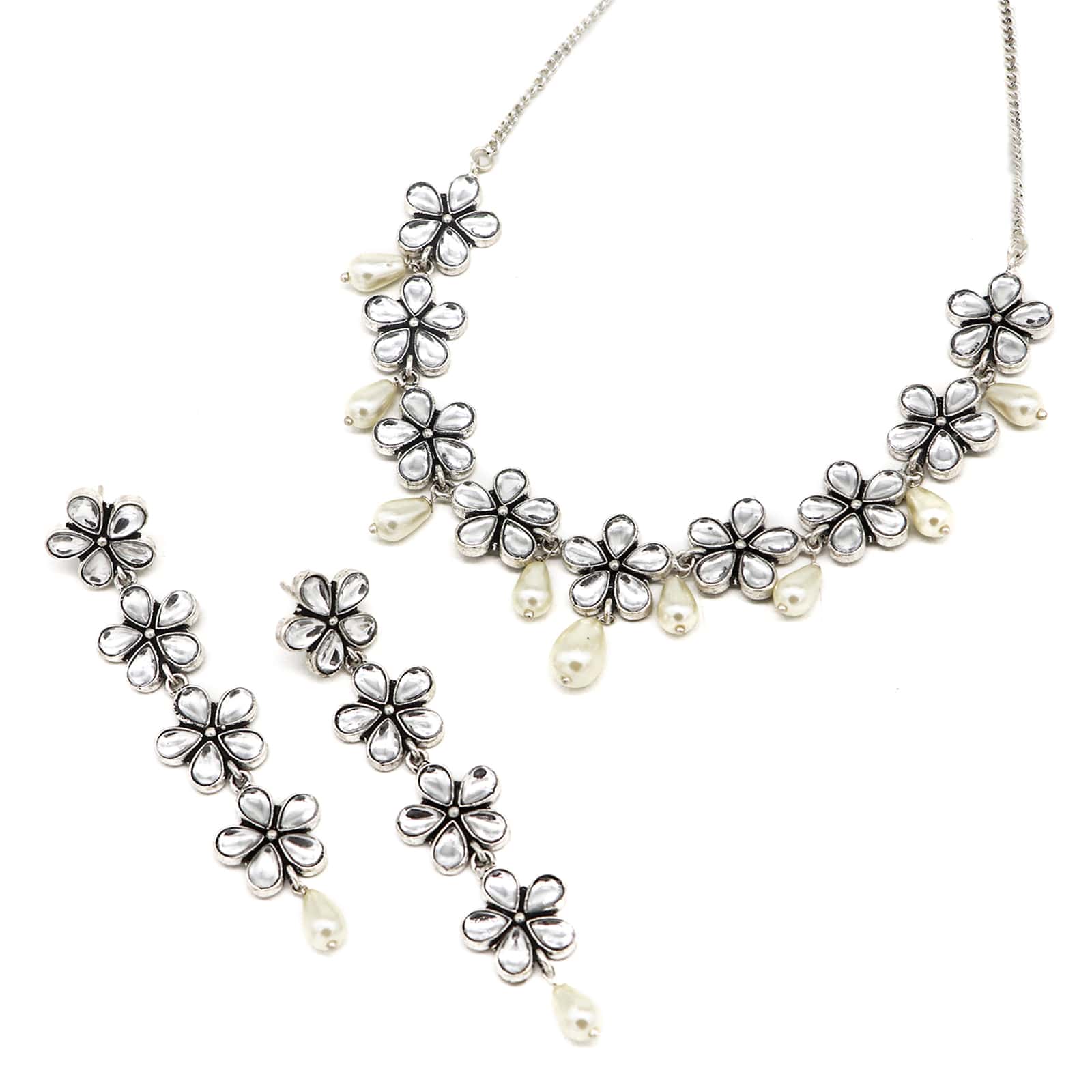 Saadhvi Silver Oxidised polki Necklace Set